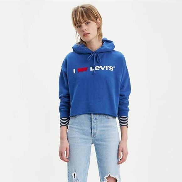 NWT Levi’s Women's Raw Cut Cropped Logo Hoodie Sweatshirt Blue XL Casual Comfy - Picture 1 of 8